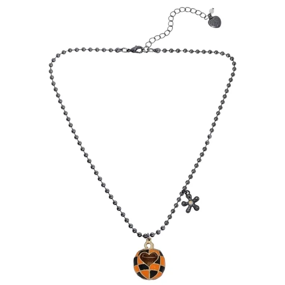 New Halloween Betsey Johnson Checkered Pumpkin Enamel Pendant Necklace, charm - Picture 2 of 5